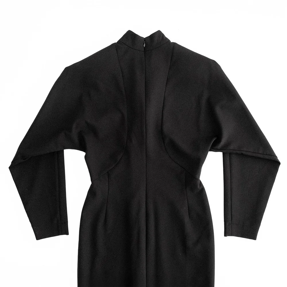 Nicole Miller Black Puff Sleeve Button Dress Mock Neck Women's $395 - Size 10 - Picture 11 of 14